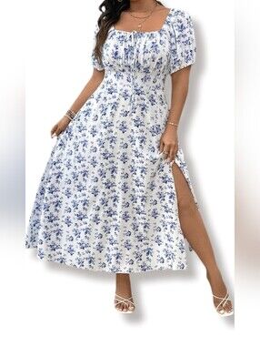 Blue & White Floral Puff Sleeve Square Neck Milkmaid Maxi Dress Size Large SHEIN